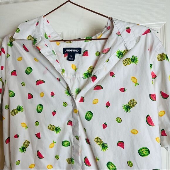 EUC Land’s End White Fruits Printed Button Down Shirt 16 - Picture 3 of 6